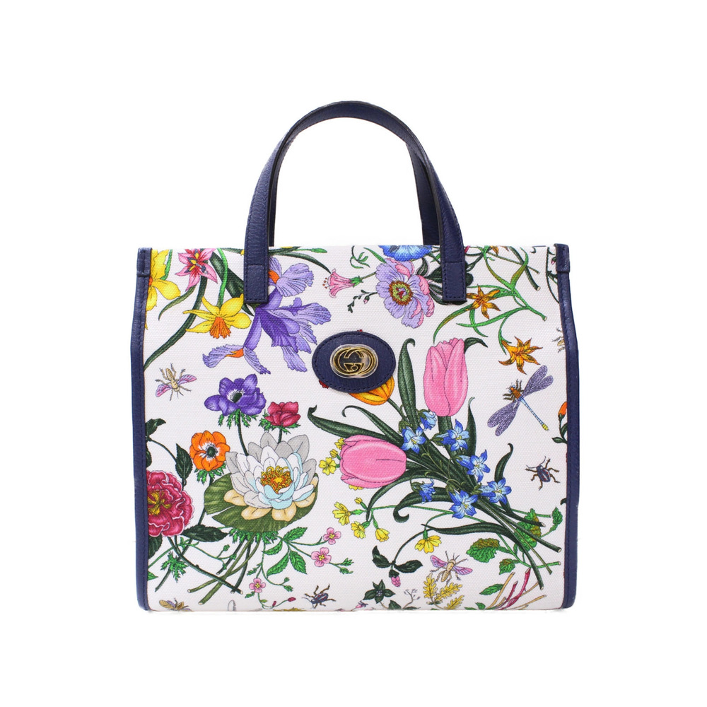 GUCCI Flora Flower Bag Canvas Leather Floral White Navy Blue Multicolor